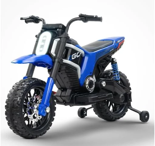 موتور کراس برقی کودکانه، آبی و مشکی، اسباب بازی سواری باتری خور با چراغ های ال ای دی، موزیک، چرخ های کمکی برای سنین 2 تا 9 سال