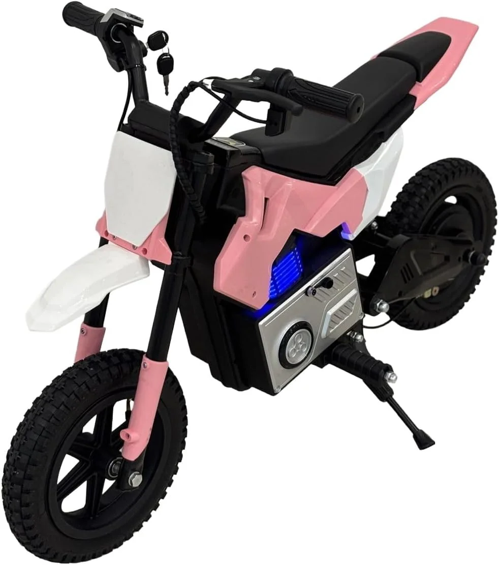 موتور برقی خاکی کودکانه، صورتی و سفید، چراغ های ال ای دی، لاستیک های آفرود، باطری خور، 22 سرعته