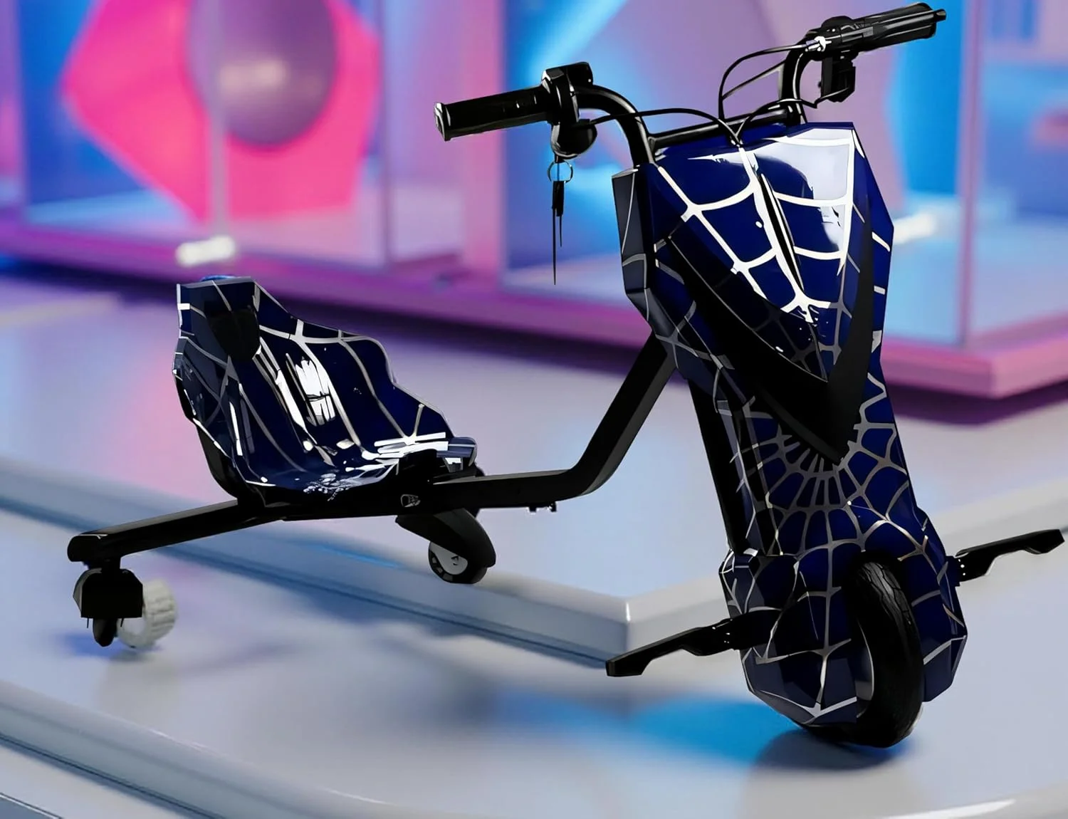 سه چرخه دریفت برقی برای کودکان - چرخ جلوی موتوری 8 اینچی | چرخ های دریفت عقب PU | چراغ های LED | سرعت متغیر - اسباب بازی سواری برای پسران و دختران 8-14 ساله (عنکبوت آبی)