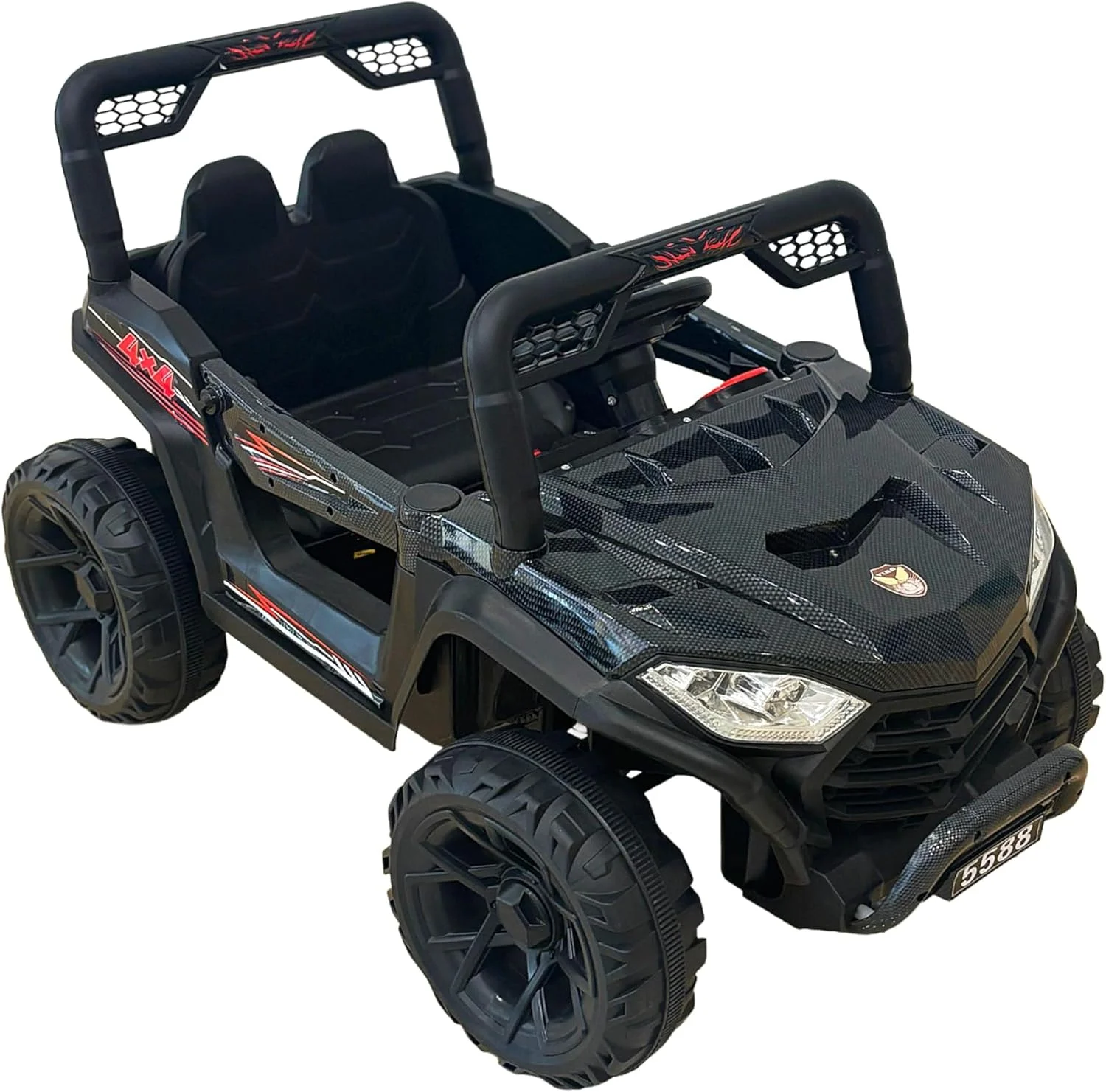 ماشین بازی کودکانه برقی دو سرنشینه 4x4، مشکی با چراغ های LED، طراحی محافظ