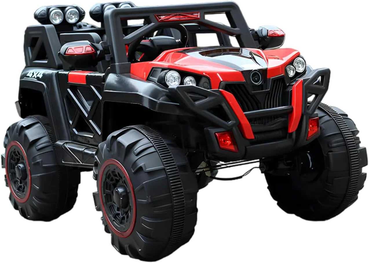 ماشین بازی کودکانه دو سرنشینه با باتری 12 ولت، کنترل از راه دور، چرخ‌های بزرگ مناسب مسیرهای ناهموار، چراغ‌های LED و طراحی شیک SUV مناسب برای دختران و پسران