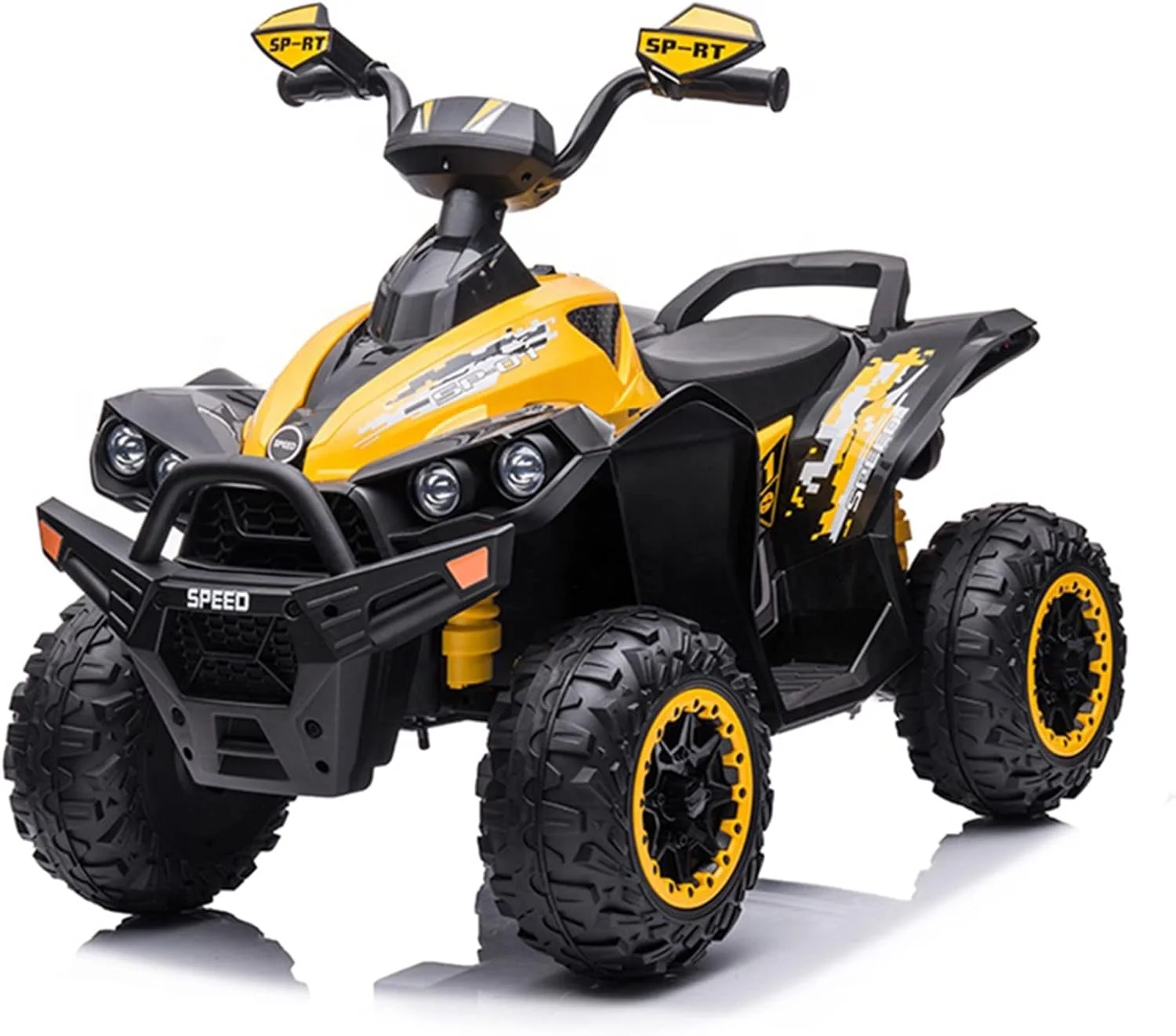 ماشین ATV چهار چرخ کودکانه DERAK، اسباب بازی کودک، موتور برقی 12 ولت با باتری، چرخ های EVA، صندلی چرمی - زرد