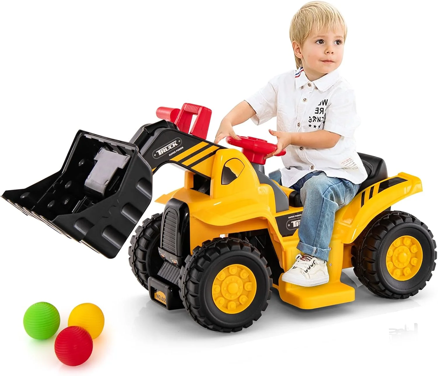 اسباب بازی بیل مکانیکی و بولدوزر سواری 2 در 1 Costzon، اسباب بازی سواری بیل مکانیکی برقی 6 ولتی با 3 توپ و حلقه بسکتبال، سطل قابل تنظیم، وسایل نقلیه ساختمانی سواری برای کودکان، هدیه ماشین هل دادنی برای پسران و دختران