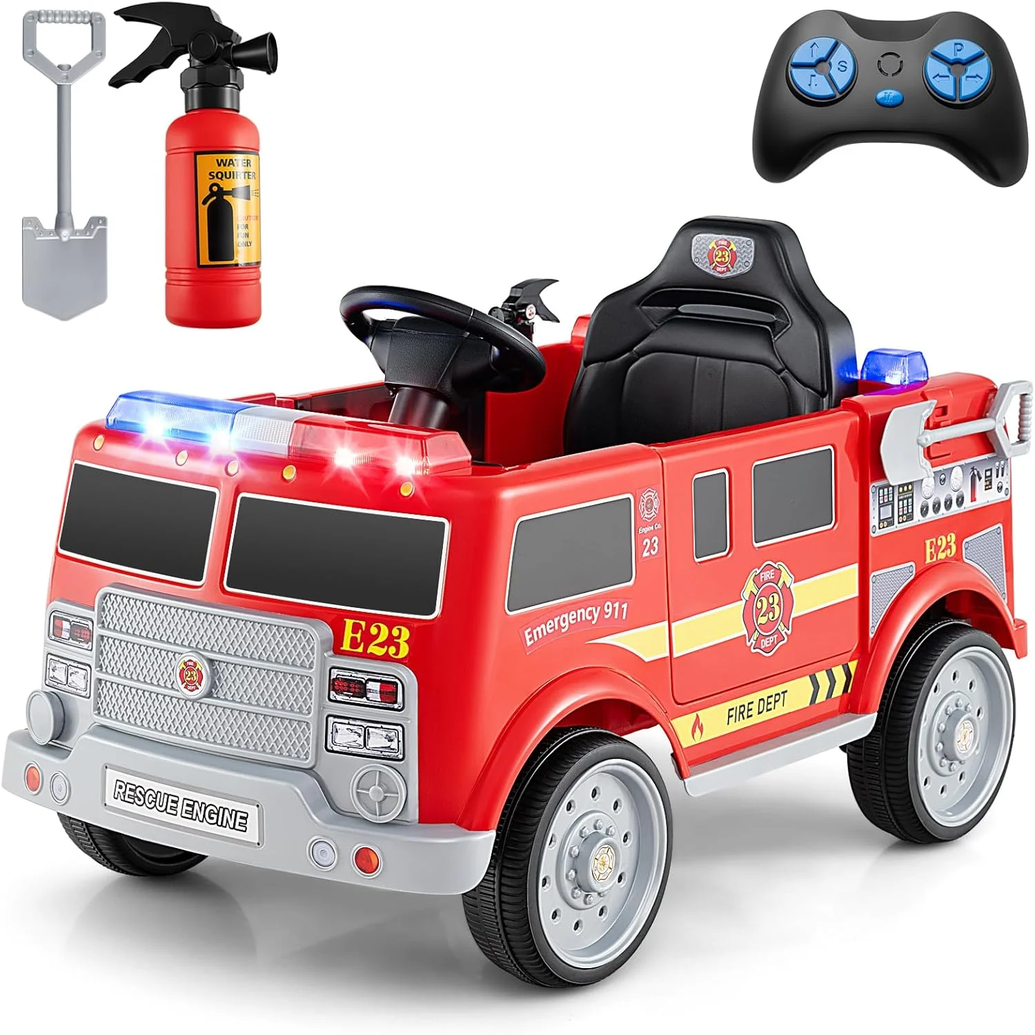 ماشین آتش نشانی سواری کودک Costzon، ماشین آتش نشانی 12 ولتی با کنترل از راه دور، خاموش کننده، بیل، بلندگو، موسیقی، آژیر، چراغ ها و اتصال بی سیم، وسیله نقلیه الکتریکی برای کودکان (ماشین آتش نشانی)