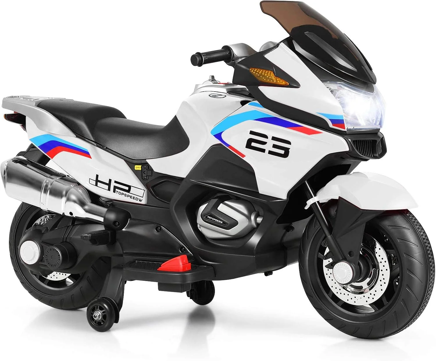 موتور سیکلت سواری کودکانه Costzon، موتور برقی 12 ولت با چرخ های آموزشی، چراغ های LED، موسیقی، پدال، حرکت به جلو/عقب، هدیه ای برای کودکان دختر و پسر (سفید)