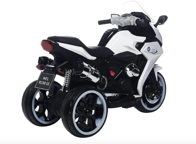 موتورسیکلت برقی کودکانه، موتور سیکلت سواری سبک اسپرت (1200GS) برای کودکان، سه چرخه برقی ماشین اسباب بازی بزرگ شارژی مناسب برای پسران و دختران 3-9 ساله، (سفید)