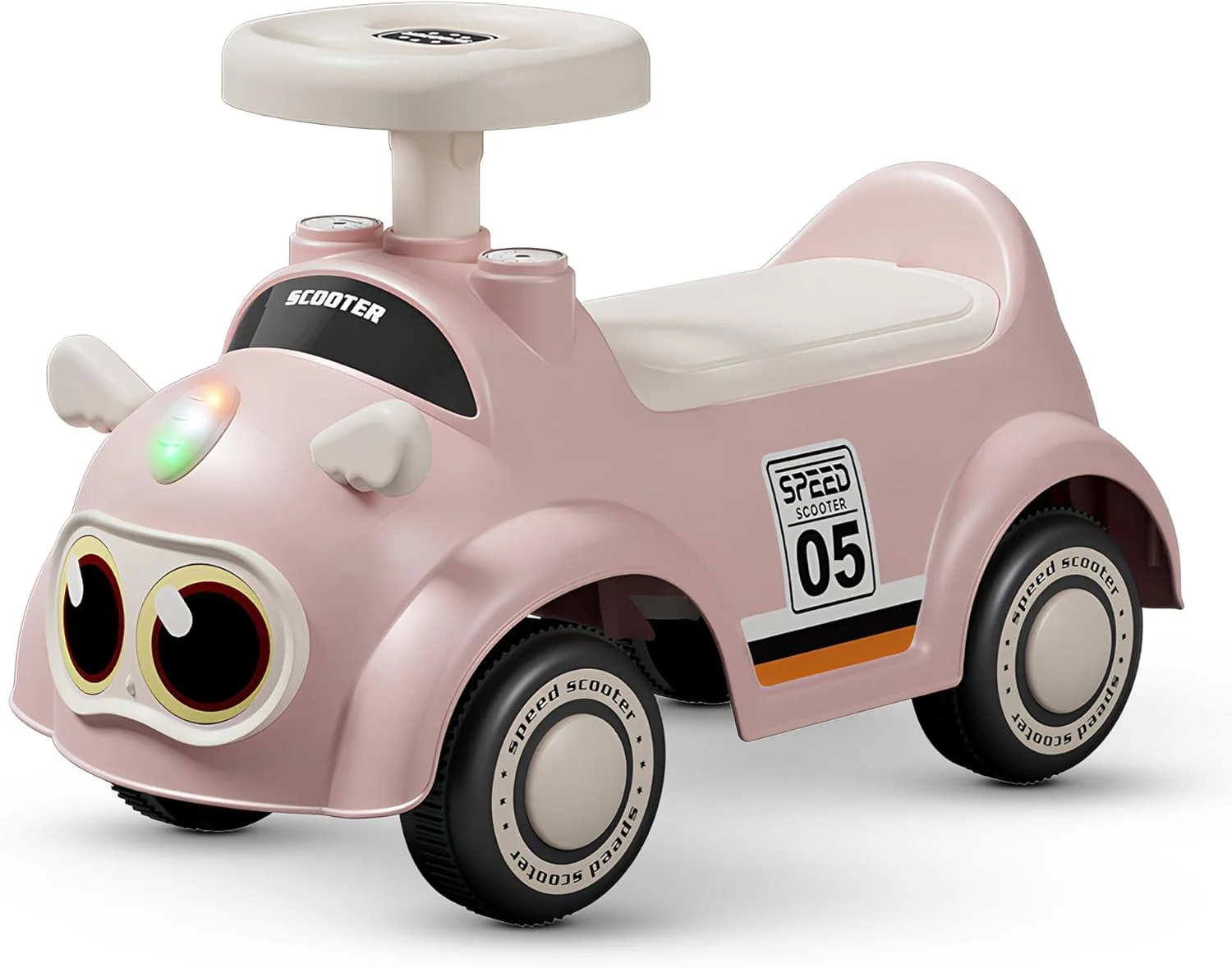 ماشین بازی کودک بایبی، مناسب برای کودکان 1 تا 3 سال، ماشین هل دادنی با چرخ های روان، چراغ ها و موسیقی شاد، صندلی پهن راحت با پشتی، ماشین سواری هل دادنی کودک (صورتی)