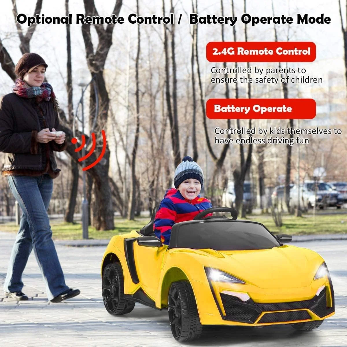 ماشین بازی کودکانه Baybee Tuskan با باتری، دارای کنترل از راه دور، موزیک، چراغ و USB | ماشین برقی کودک برای رانندگی کودکان 2 تا 6 سال (زرد)