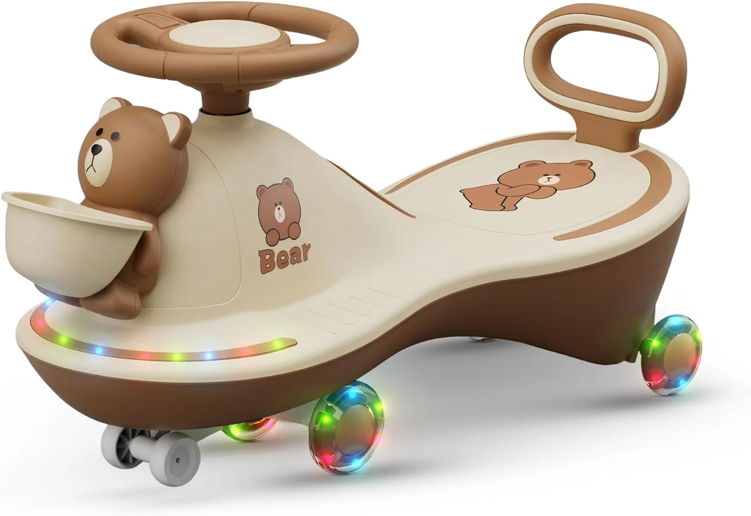 ماشین بازی کودک Baybee، ماشین چرخشی جادویی با سبد جلویی، چرخ های ال ای دی PU، موسیقی و پشتی | اسباب بازی هل دادنی برای کودکان 3 تا 8 سال دختر و پسر (قهوه ای)