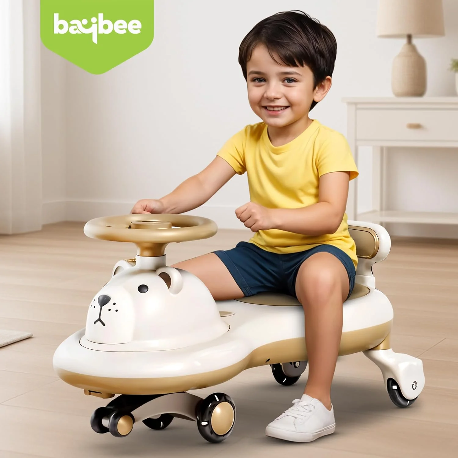 ماشین بازی کودک Baybee، ماشین چرخشی برای کودکان، ماشین ویگل توئیستر کودک با چرخ های ال ای دی PU، موزیک | ماشین بازی فشاری برای پسران و دختران نوپا برای رانندگی 3 تا 8 سال (بژ)