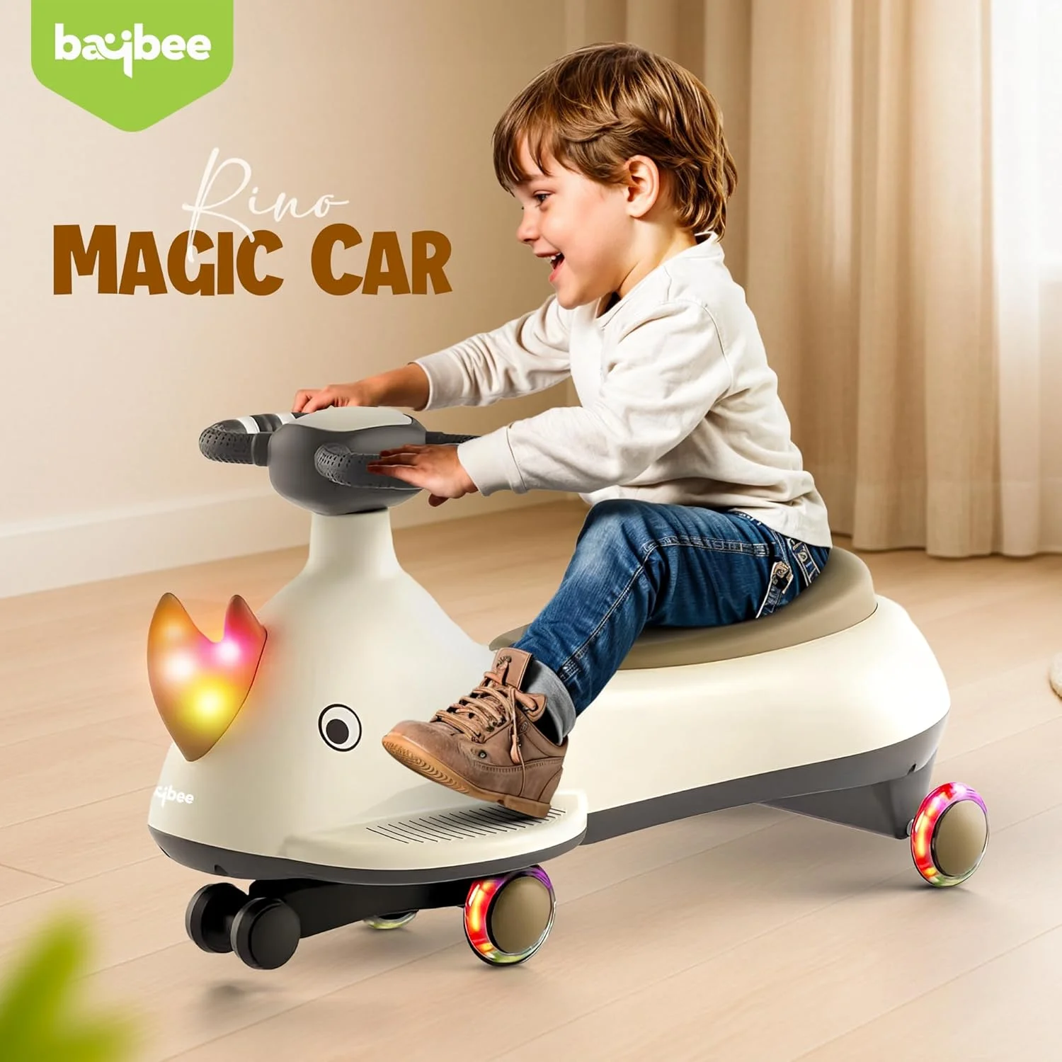 ماشین بازی کودک بایبی رینو با چرخهای چراغدار پلییورتان، موزیکال | ماشین بازی فشاری برای کودک | ماشین توئیستر جادویی برای کودکان 3 تا 8 سال (بژ) ماشین بازی کودک بایبی رینو با چرخهای چراغدار پلییورتان، موزیکال | ماشین بازی فشاری برای کودک | ماشین توئیستر جادویی برای کودکان 3 تا 8 سال (بژ)