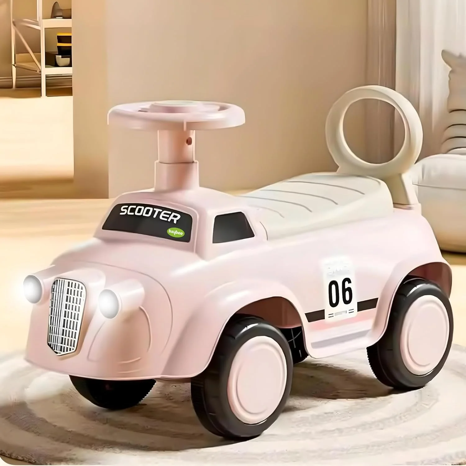 ماشین بازی کودک بایبی پوکو با چراغ، موسیقی، پشتی و فضای ذخیره سازی | ماشین هل دادنی کودک برای کودکان 1 تا 3 سال (صورتی)