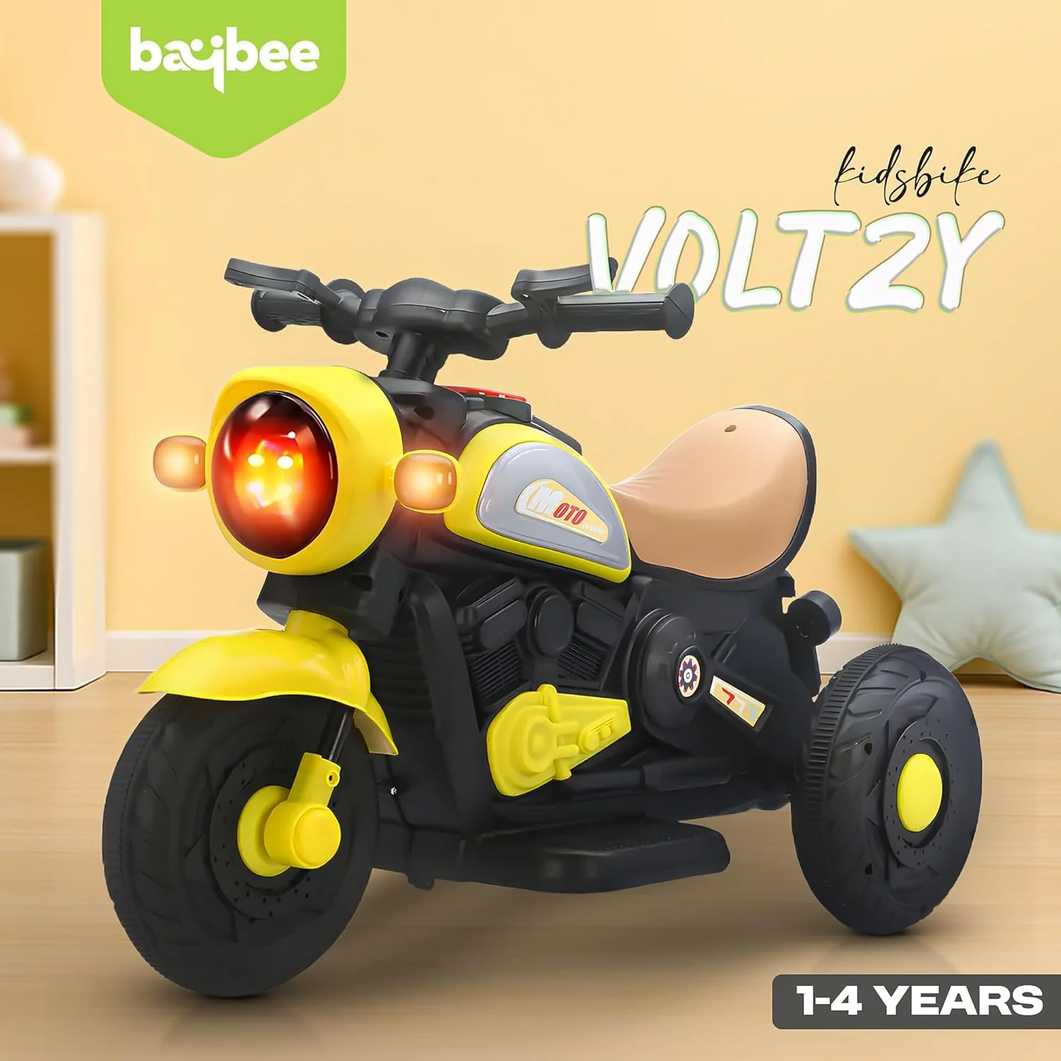 موتور سیکلت باتری خور کودک Baybee، اسباب بازی سواری با نور و موسیقی | موتور برقی شارژی کودک نوپا مناسب برای پسران و دختران 1 تا 4 سال (زرد) موتور سیکلت باتری خور کودک Baybee، اسباب بازی سواری با نور و موسیقی | موتور برقی شارژی کودک نوپا مناسب برای پسران و دختران 1 تا 4 سال (زرد)