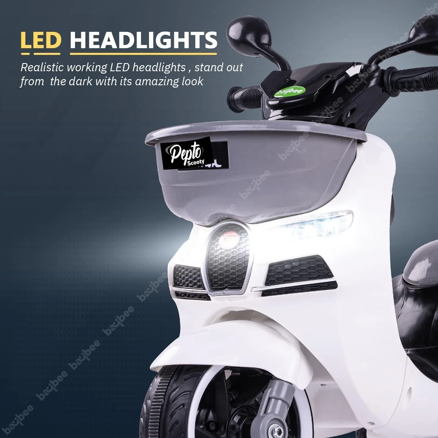 موتور سیکلت باتری خور کودک Baybee Pepto، اسباب بازی سواری موتور کودک با چراغ و موسیقی | موتور شارژی کودک | موتور برقی برای راندن کودکان 1 تا 4 سال دختر و پسر - (سفید)