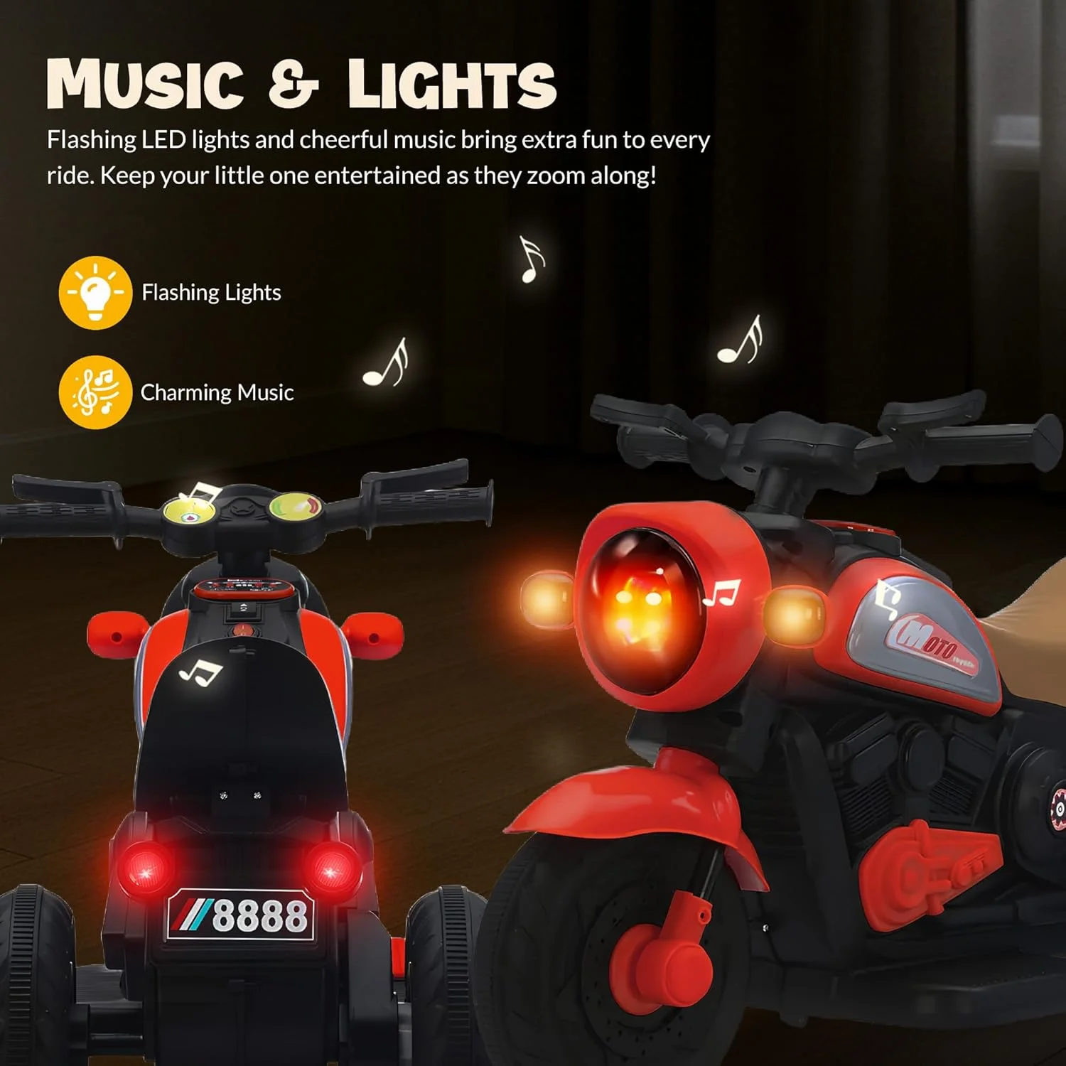 موتور سیکلت باتری خور کودک Baybee، اسباب بازی سواری با نور و موسیقی | موتور برقی شارژی کودک نوپا مناسب برای پسران و دختران 1 تا 4 سال (قرمز)