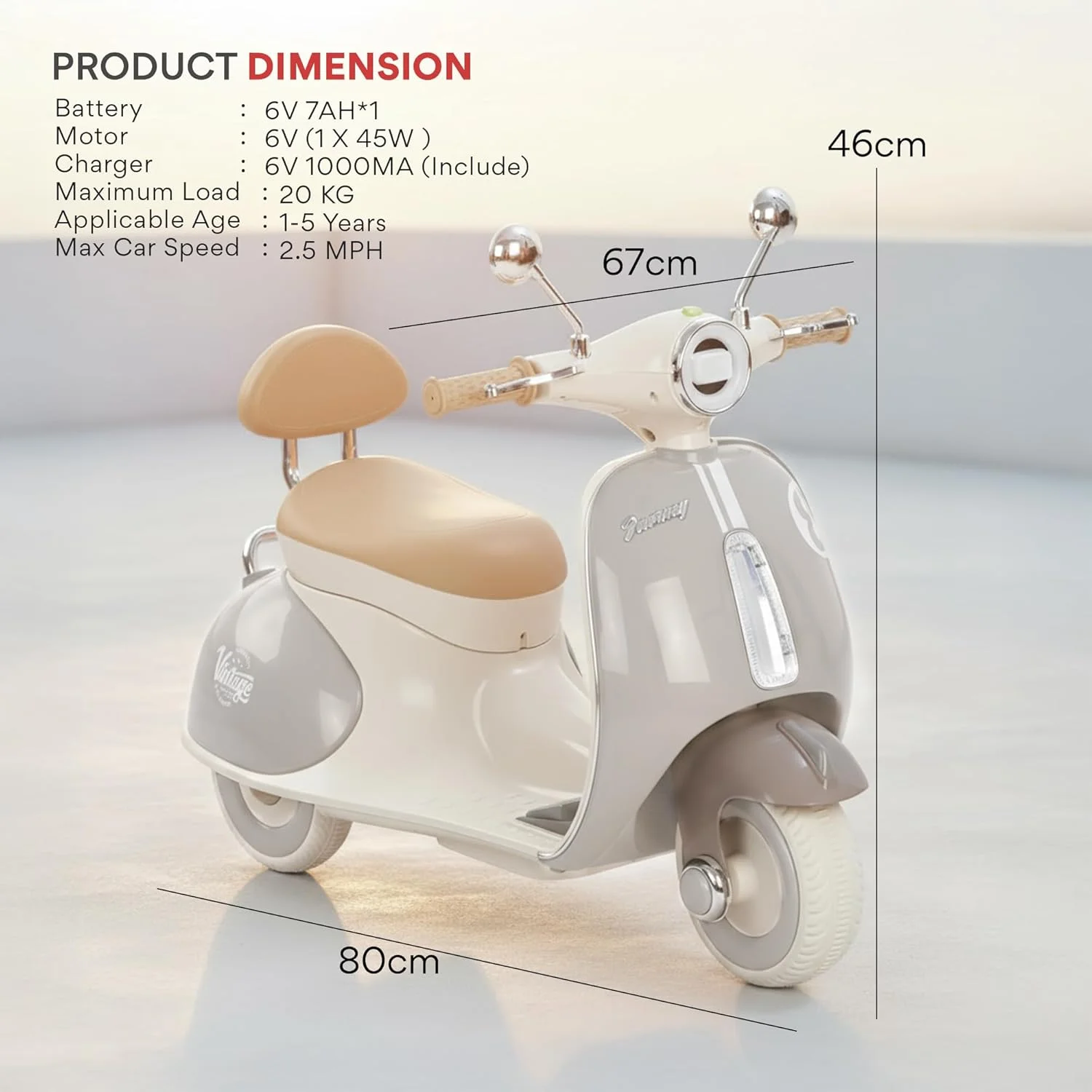 موتور شارژی کودک Baybee، اسکوتر کودکانه با چراغ و موزیک | موتور بازی کودک | موتور الکتریکی برای کودکان 1 تا 3 سال، پسر و دختر (خاکستری)