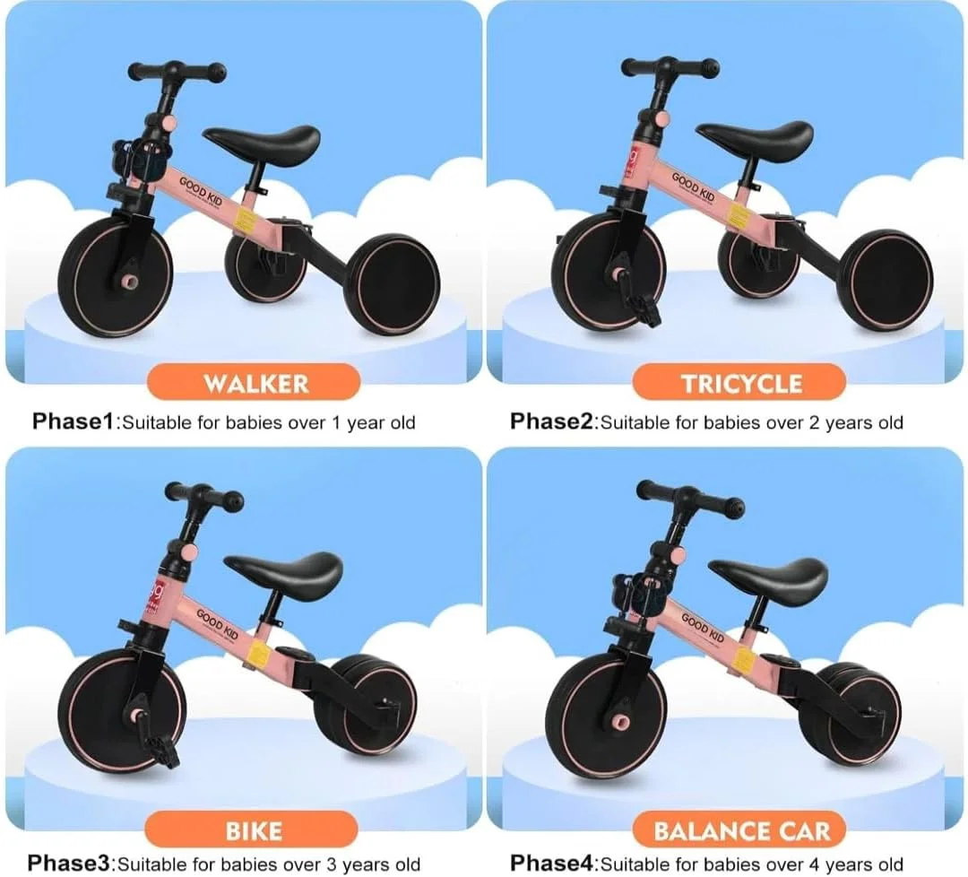 سه چرخه تعادلی 4 در 1 برای کودکان 1 تا 4 سال، سه چرخه کودکانه با صندلی قابل تنظیم، مناسب فضای داخلی و خارجی، پسرانه و دخترانه | صورتی
