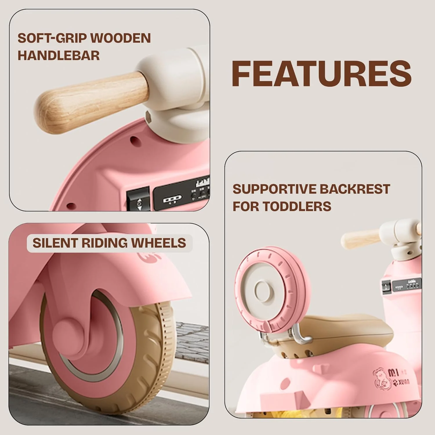 موتور شارژی کودک Baybee Teddio، اسکوتر برقی کودک با چراغ و موزیک | موتور سیکلت شارژی کودک | موتور سواری برای کودکان 1 تا 3 سال (صورتی)