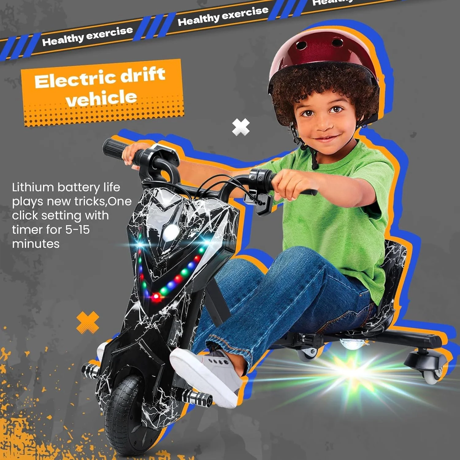 سه چرخه دریفت برقی برای کودکان، کارت دریفت، سه چرخه دریفت چرخ بزرگ برای سنین 8 سال به بالا با قاب فولادی قوی، ماشین سواری برقی 12 ولت با قابلیت چرخش، سر خوردن و دریفت 360 درجه، سیاه سفید