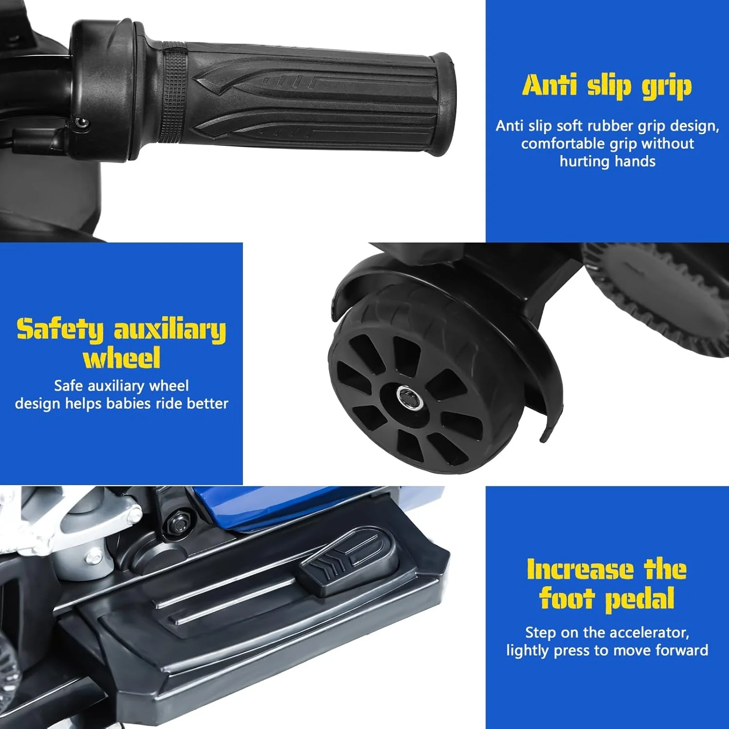 موتورسیکلت کودکانه 12 ولت، موتور برقی خاکی مناسب کودکان بالای 3 سال، سرعت تا 9 مایل در ساعت با چرخ های کمکی، صندلی بزرگ آبی