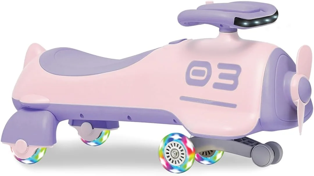 ماشین بازی زیگی مدل Swing Car با پروانه – ماشین سواری الهام گرفته از هواپیما برای کودکان 2 سال به بالا | ماشین ویگل صورتی با چرخ های LED و فرمان، حرکت چرخشی و سر خوردن، رنگ های جذاب (ZG-2007)