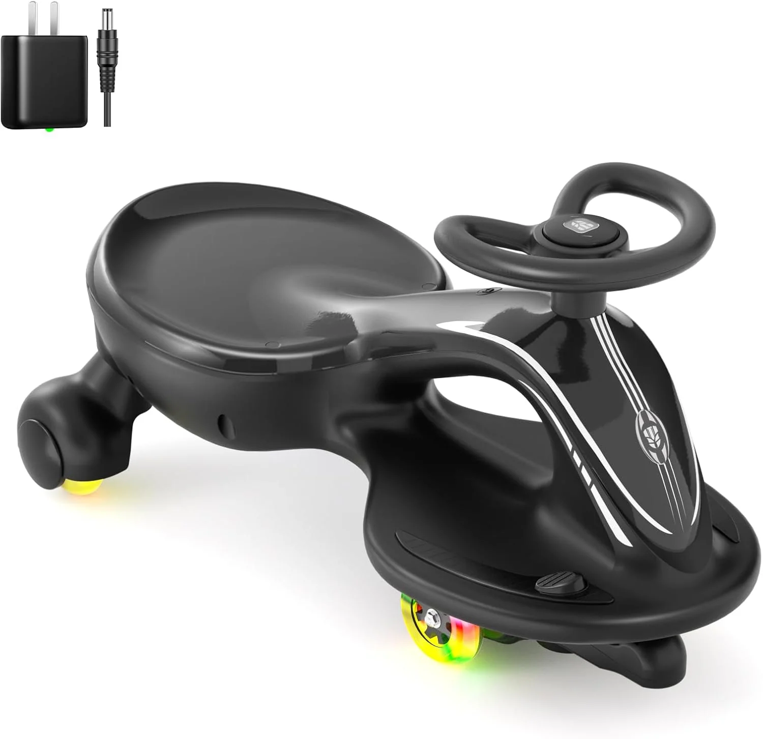 ماشین بازی برقی XJD، ماشین بازی 2 در 1 با چرخ های رنگی چراغ دار ضد واژگونی و باتری قابل شارژ مناسب کودکان 3 سال به بالا (مشکی)