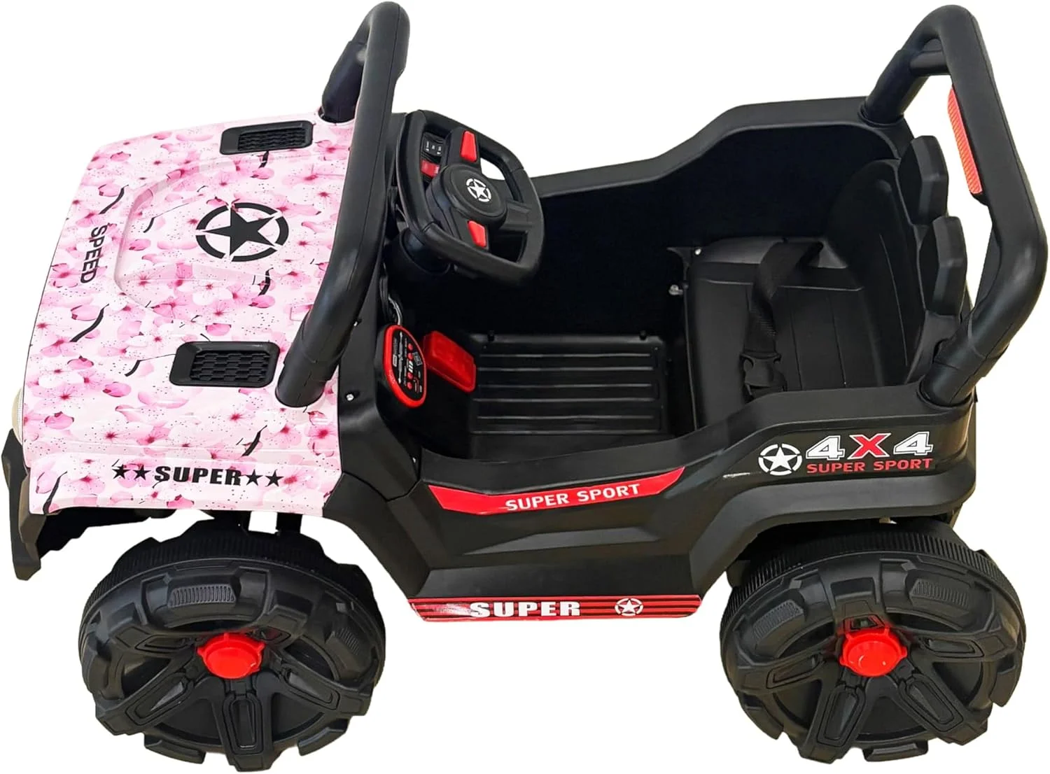 ماشین سواری کودکانه برقی WINNER، طراحی صورتی، با چراغ های LED و کنترل های داشبورد مناسب 3-5 سال