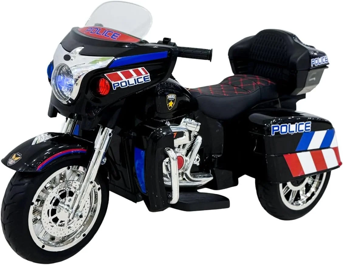 موتور سیکلت پلیس کودک Winner، اسباب بازی سواری الکتریکی مشکی با چراغ های LED، جعبه ذخیره سازی، صندلی قرمز طرح دار مناسب 3-5 سال
