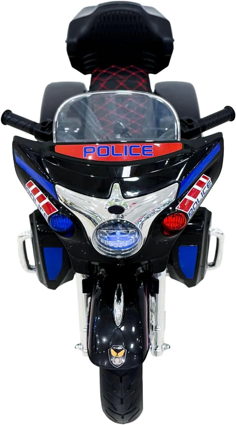 موتور سیکلت پلیس کودک Winner، اسباب بازی سواری الکتریکی مشکی با چراغ های LED، جعبه ذخیره سازی، صندلی قرمز طرح دار مناسب 3-5 سال
