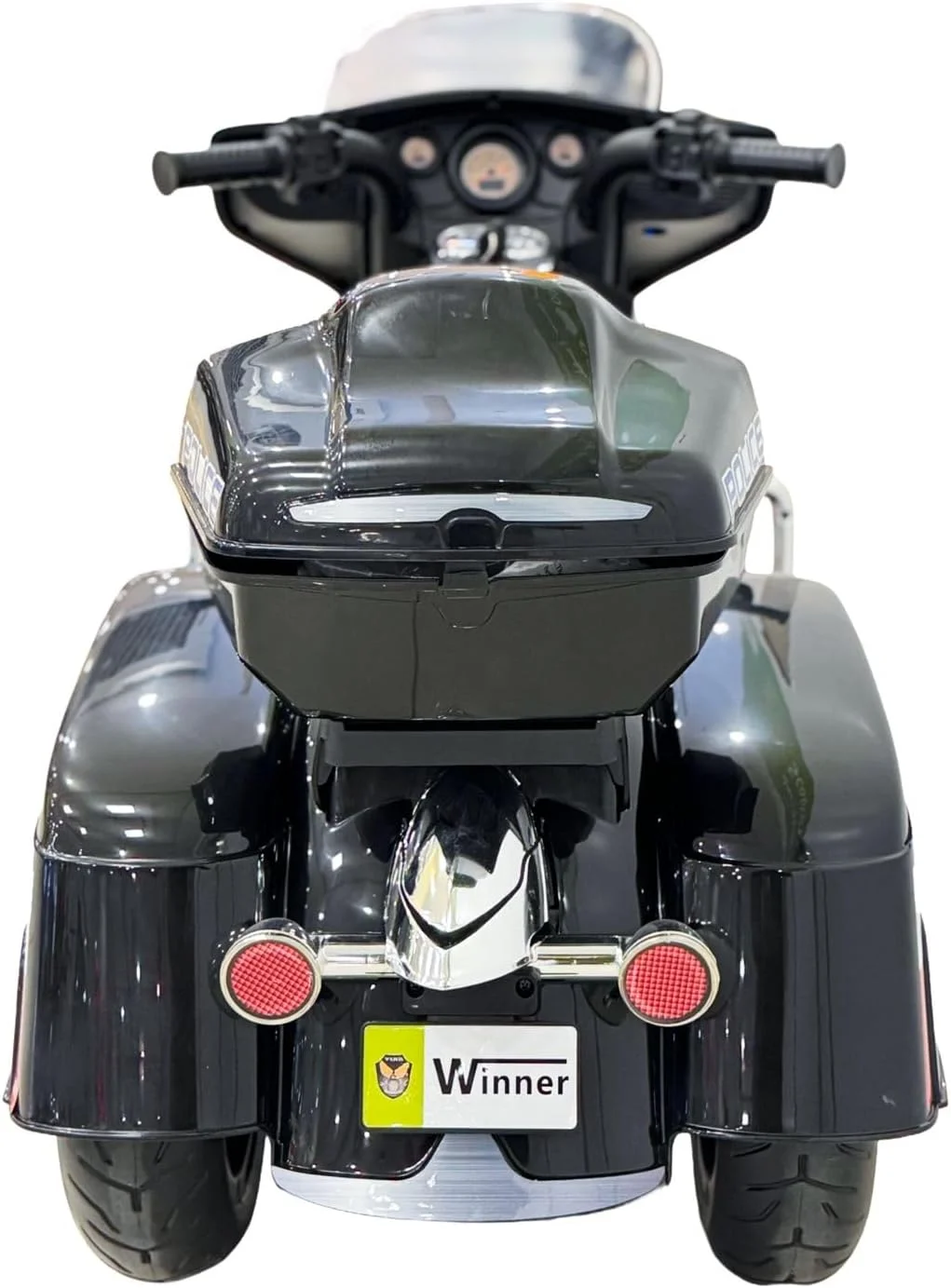 موتور سیکلت پلیس کودک Winner، اسباب بازی سواری الکتریکی مشکی با چراغ های LED، جعبه ذخیره سازی، صندلی قرمز طرح دار مناسب 3-5 سال
