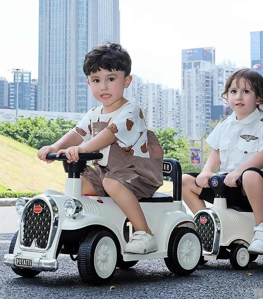 ست قطار سواری بدون ریل، ماشین سواری 2 نفره کودک شامل 1 لوکوموتیو و 1 واگن، اسباب بازی سواری برقی کودک نوپا با موسیقی برای پسران و دختران 3+ (سفید)