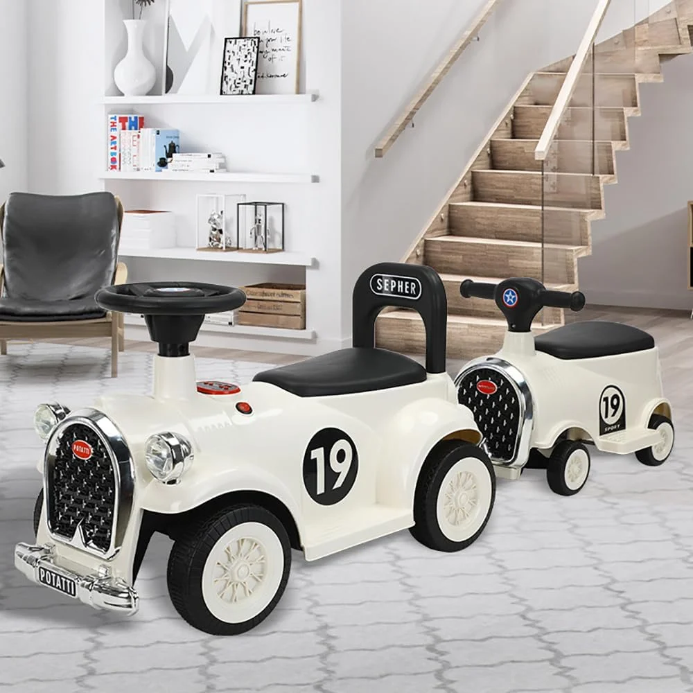 ست قطار سواری بدون ریل، ماشین سواری 2 نفره کودک شامل 1 لوکوموتیو و 1 واگن، اسباب بازی سواری برقی کودک نوپا با موسیقی برای پسران و دختران 3+ (سفید)