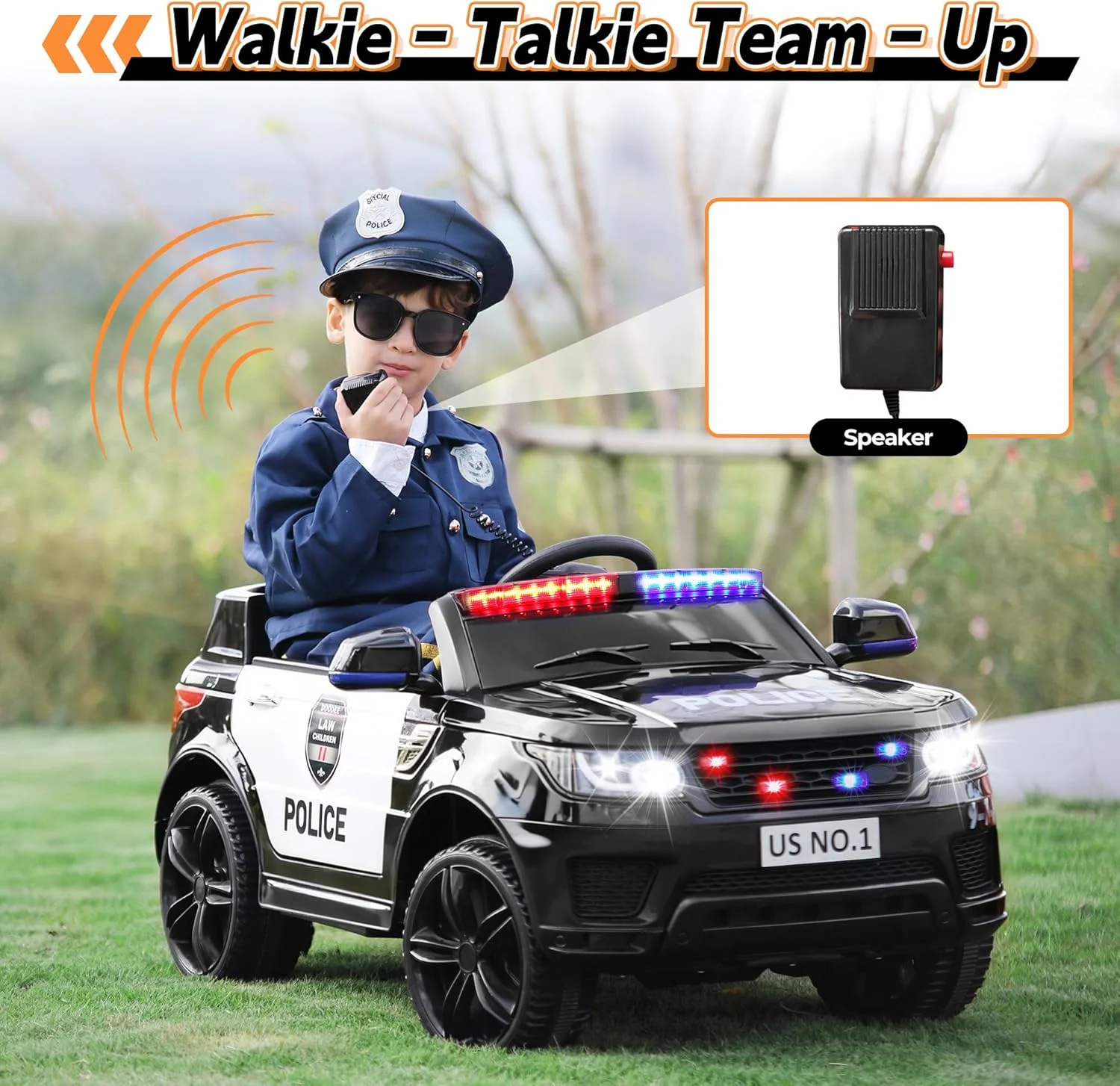 ماشین بازی کودک توبی، ماشین پلیس سواری با باتری، اسباب بازی ماشین پلیس با کنترل از راه دور، آژیر، چراغ های چشمک زن، موسیقی، سیستم تعلیق فنری، مشکی کربنی