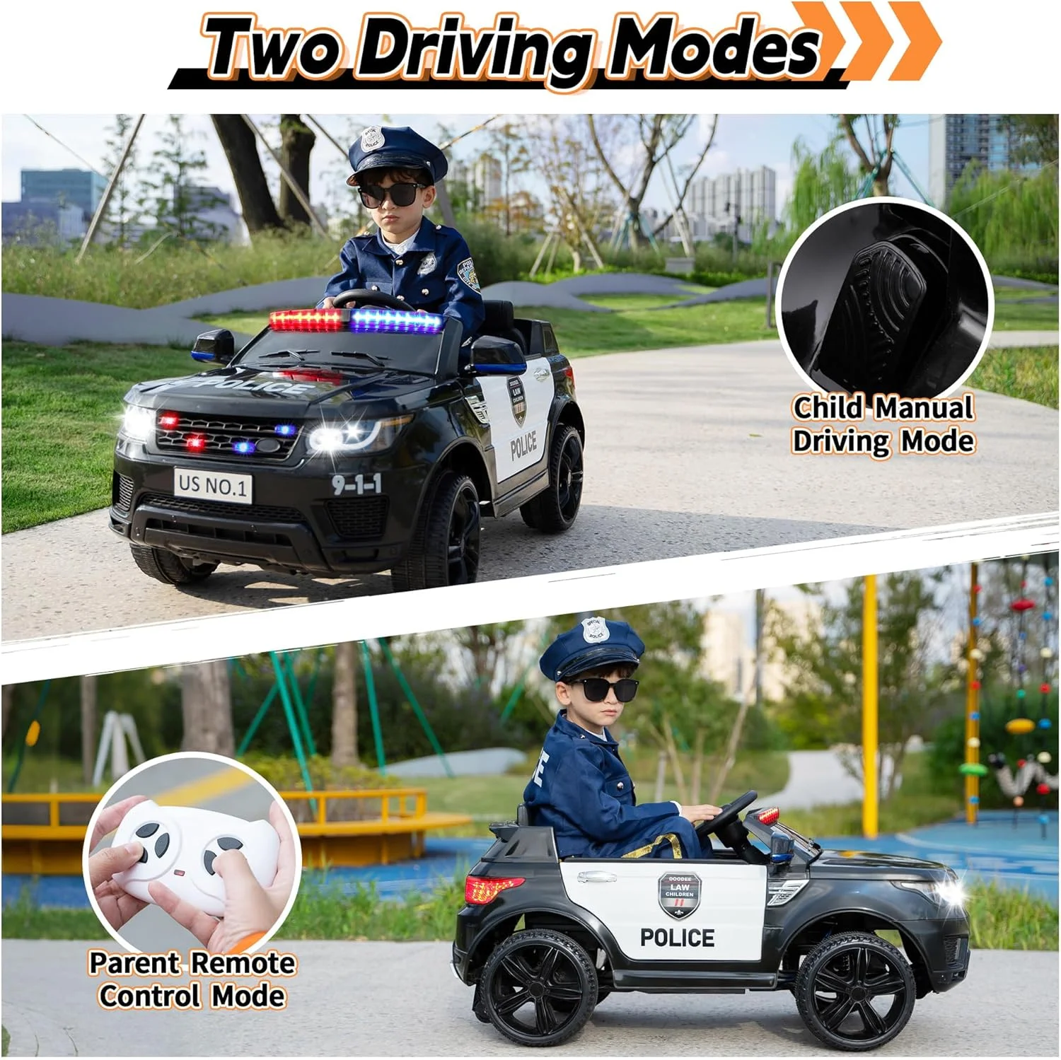 ماشین بازی کودک توبی، ماشین پلیس سواری با باتری، اسباب بازی ماشین پلیس با کنترل از راه دور، آژیر، چراغ های چشمک زن، موسیقی، سیستم تعلیق فنری، مشکی کربنی