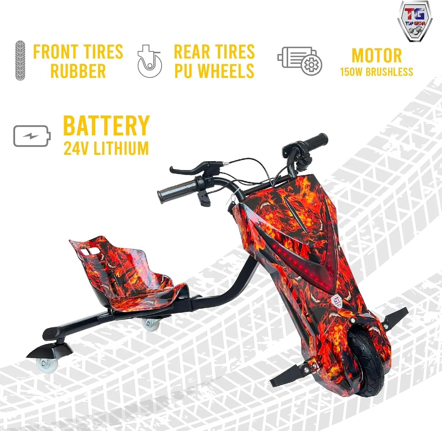 اسکوتر دریفت ماشین بازی کودکانه 24، باطری 24 ولت، ظرفیت وزنی تا 80 کیلوگرم، چرخ های PU، شتاب دهنده دستی، بلوتوث، چراغ (100% مونتاژ شده، قرمز)