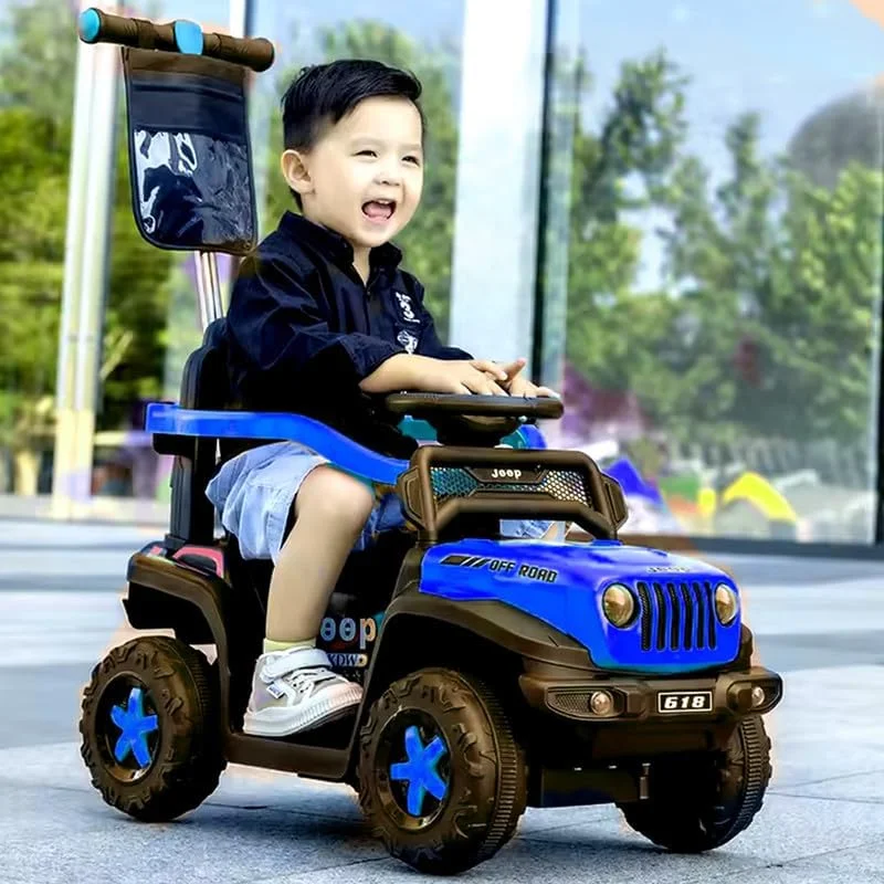 ماشین بازی فشاری برقی کوچک چهار چرخ کودک با میله هل دهنده، کیفیت بالا، ابعاد 88X78X40 سانتی متر، آبی