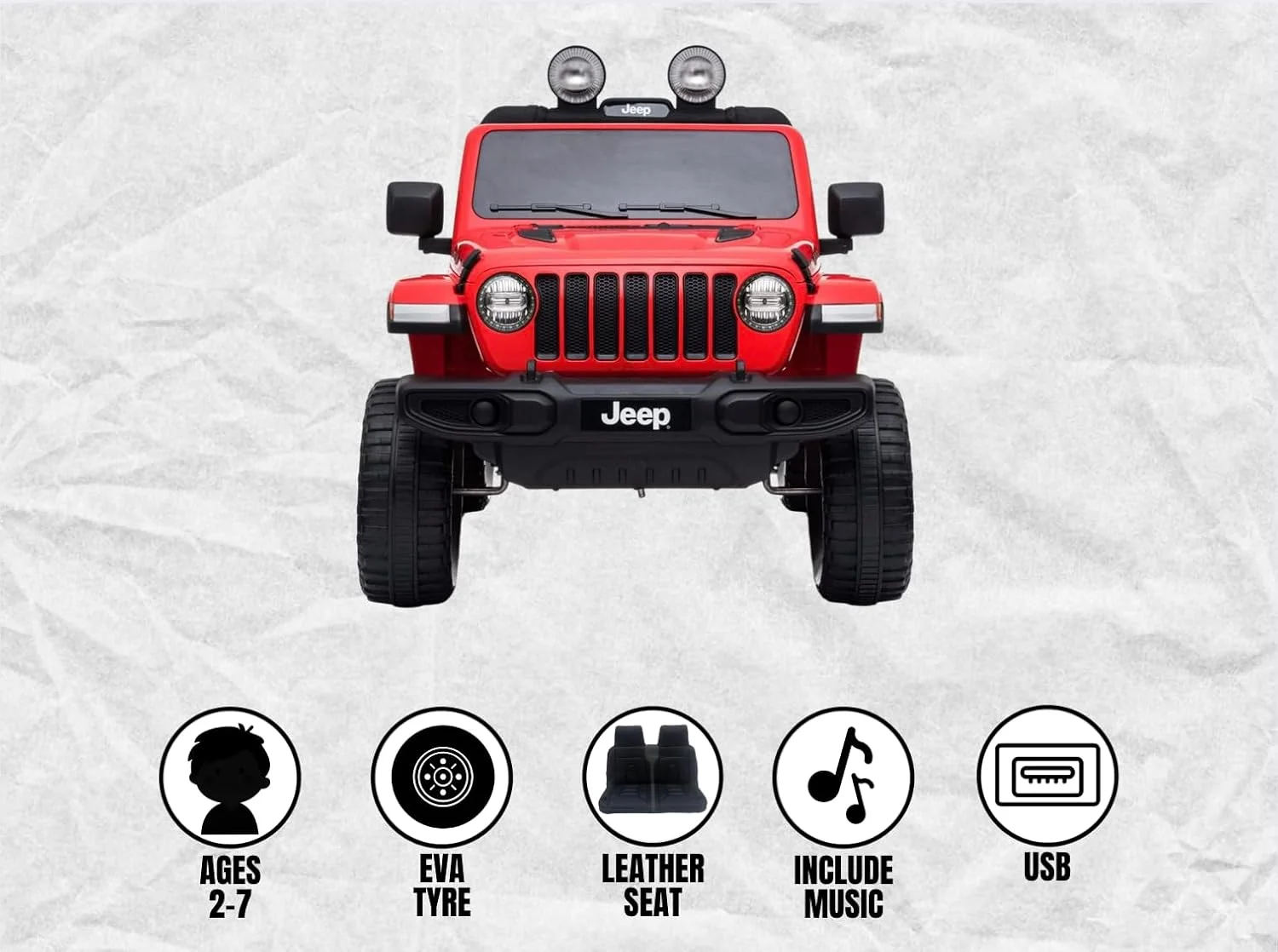 دوچرخه رالی برقی (جیپ)، ماشین برقی کودک، ماشین سواری، باتری 12 ولت 10 آمپر، 4 موتور، سنین پیشنهادی 3 تا 7 سال، صندلی چرمی، لاستیک های EVA، موسیقی، MP3، USB (قرمز)