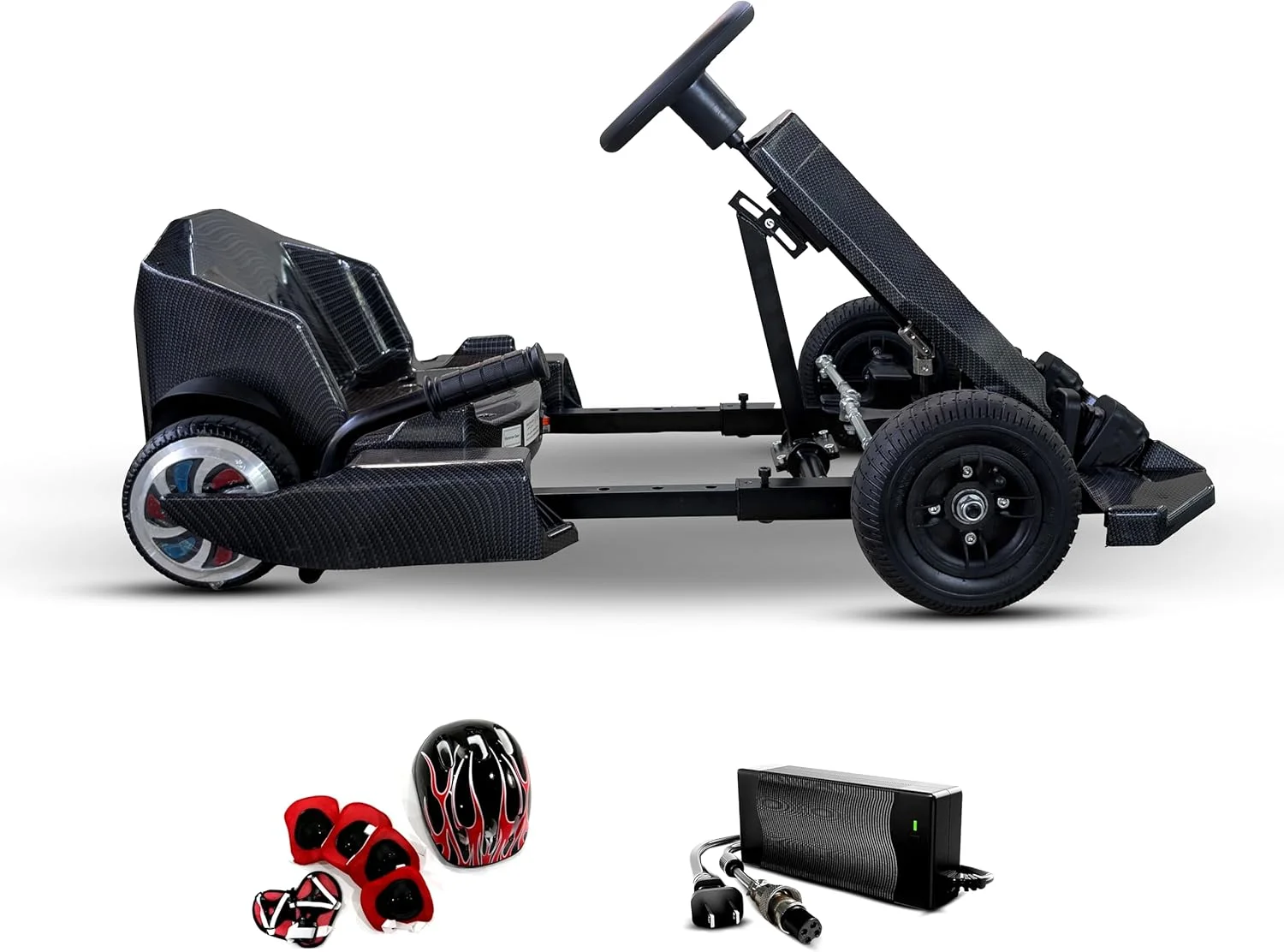 ماشین کارتینگ برقی کودک Mytoys، موتور 250 وات، باتری 36 ولت 4.4 آمپر ساعت، سرعت 20 کیلومتر در ساعت، لاستیک های 8 اینچی، دکمه دنده عقب، چرخ های LED، 35 دقیقه زمان رانندگی، ماشین مسابقه 4 چرخ برای کودکان، اسباب بازی سواری (فیبر کربن)