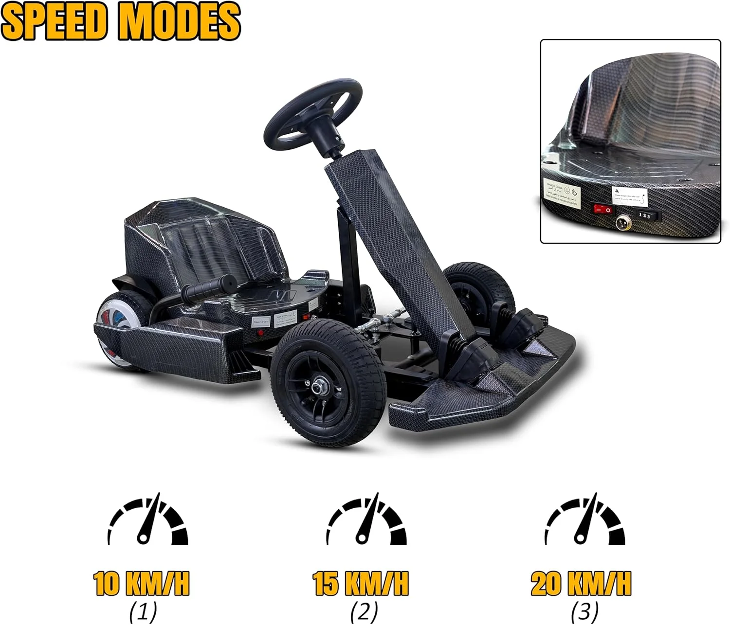 ماشین کارتینگ برقی کودک Mytoys، موتور 250 وات، باتری 36 ولت 4.4 آمپر ساعت، سرعت 20 کیلومتر در ساعت، لاستیک های 8 اینچی، دکمه دنده عقب، چرخ های LED، 35 دقیقه زمان رانندگی، ماشین مسابقه 4 چرخ برای کودکان، اسباب بازی سواری (فیبر کربن)