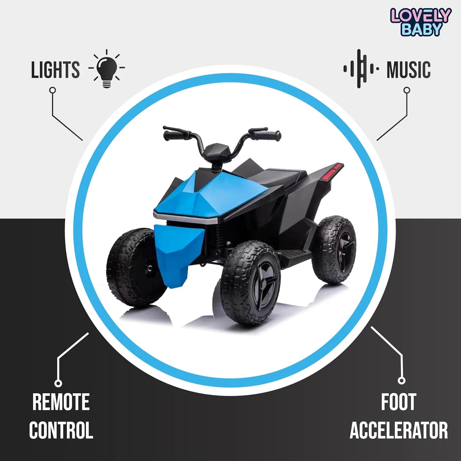 موتور چهارچرخ کودک مدل LB 686EL، موتور سواری، موتور الکتریکی شارژی، ماشین رانندگی با کنترل از راه دور، چراغ و موسیقی برای سنین 3-6 سال - آبی