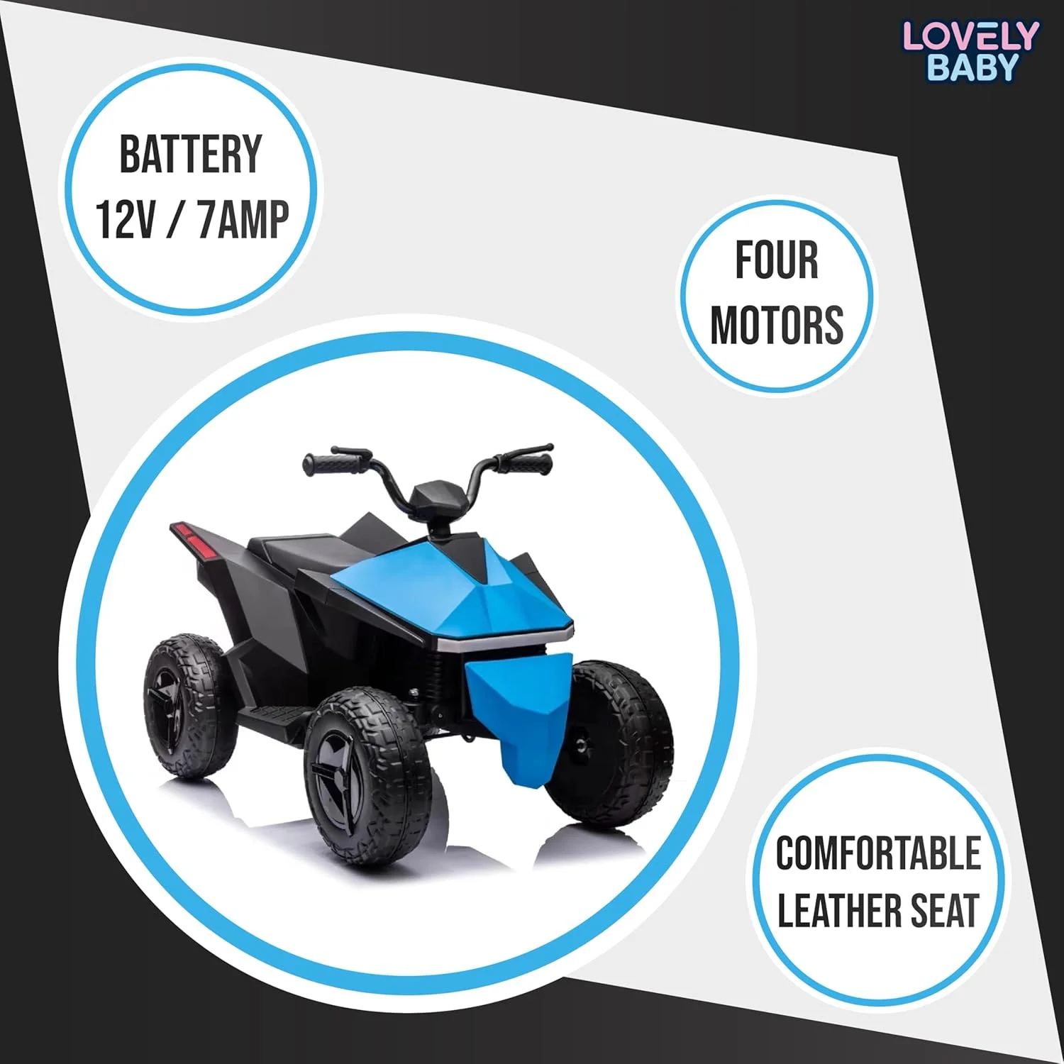 موتور چهارچرخ کودک مدل LB 686EL، موتور سواری، موتور الکتریکی شارژی، ماشین رانندگی با کنترل از راه دور، چراغ و موسیقی برای سنین 3-6 سال - آبی