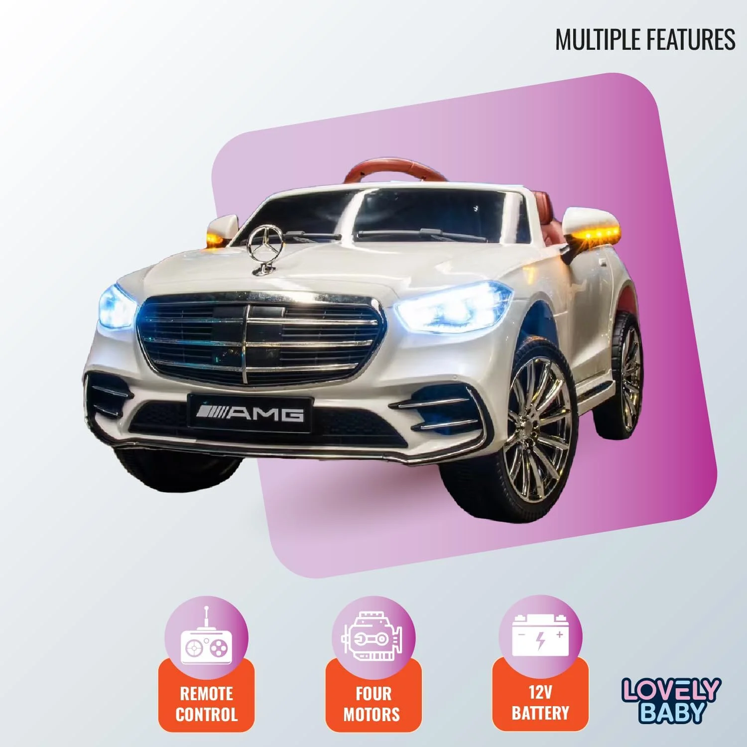 ماشین سواری شارژی کودک مدل LB 6050EL با چراغ های LED، موسیقی، USB، بلوتوث و صندلی چرمی - وسیله نقلیه برقی برای کودکان نوپا و خردسالان (100% مونتاژ شده، صورتی)