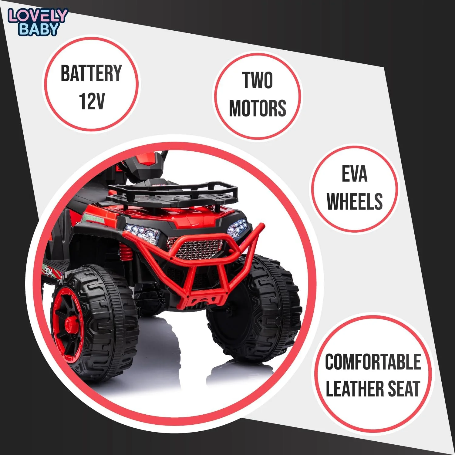 موتور چهار چرخ کودکانه LB 404E، موتور سیکلت سواری با چرخ EVA، موتور برقی 12 ولت با 2 موتور، هدیه وسیله نقلیه آفرود برای کودکان نوپا (100% مونتاژ شده، صورتی)