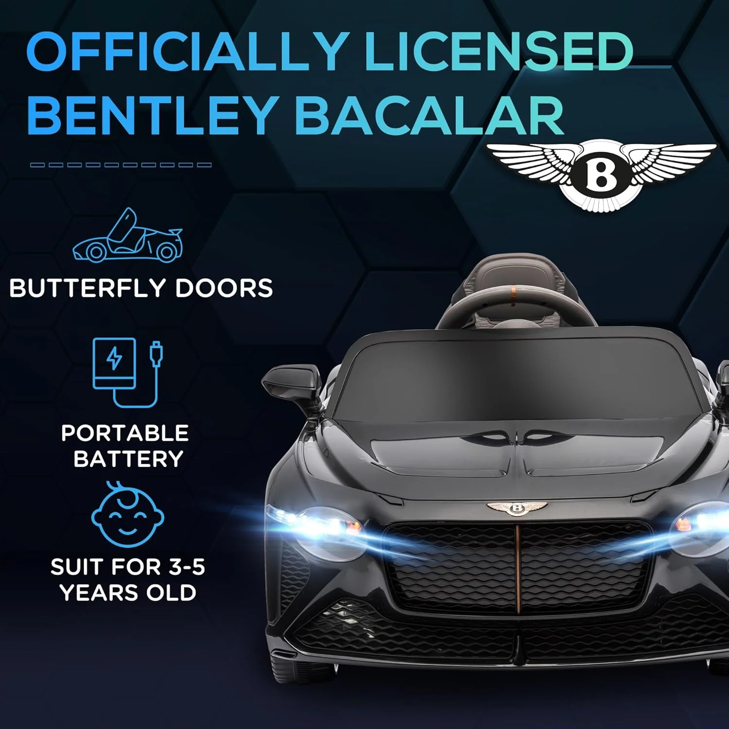 ماشین بازی کودکانه برقی 12 ولت مدل Bentley Bacalar دارای مجوز رسمی، با کنترل از راه دور، چرخ های دارای سیستم تعلیق، بوق و چراغ، مناسب برای کودکان 3 تا 5 سال - مشکی