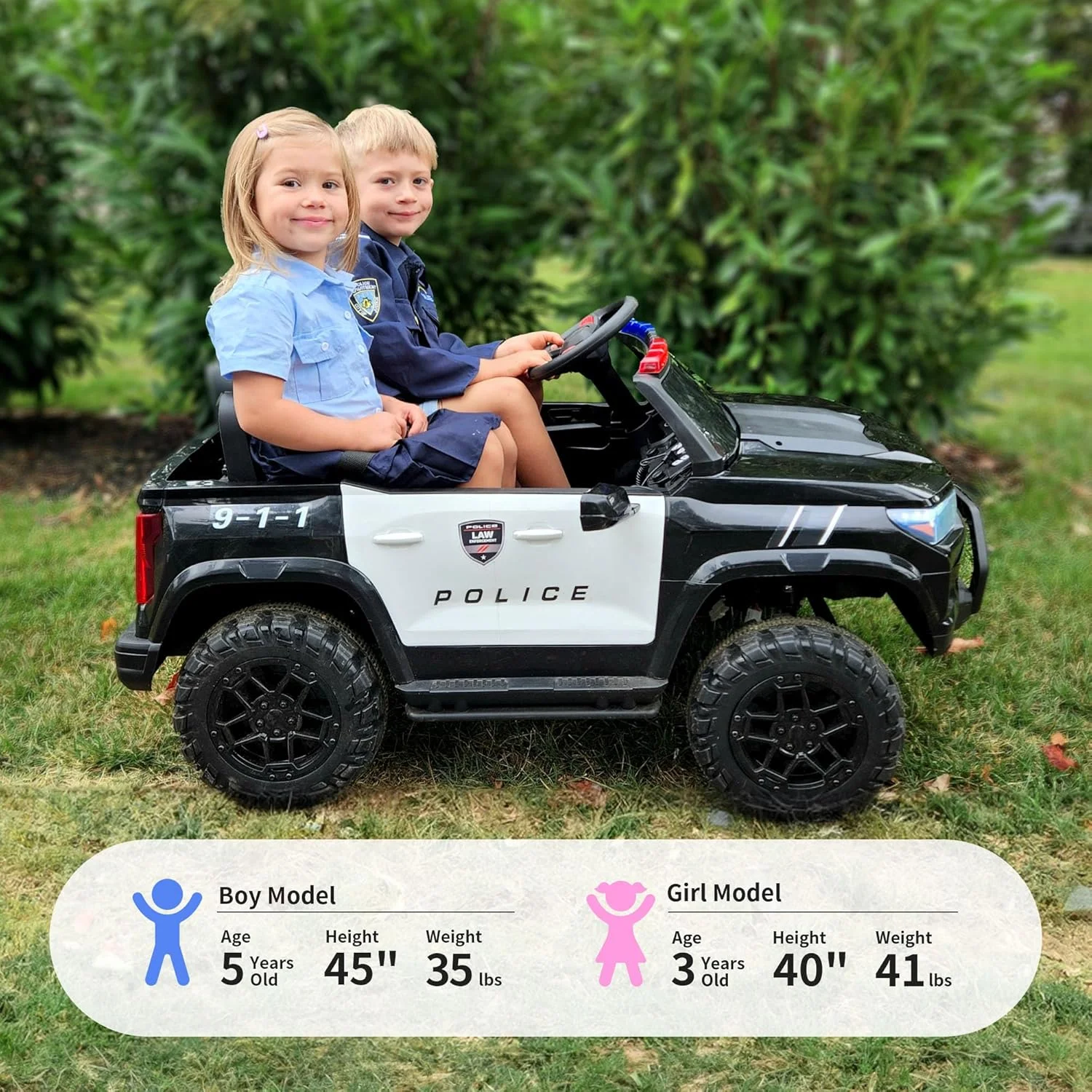 ماشین پلیس برقی دو سرنشینه برای کودکان، اسباب بازی سواری 24 ولت 10 آمپر ساعتی برای کودکان بزرگتر با کنترل از راه دور، 4 موتور 200 واتی، حداکثر سرعت 8 کیلومتر در ساعت - مشکی