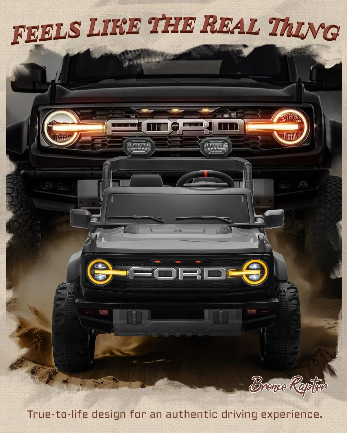 ماشین بازی دو نفره کودک، فورد برونکو رپتور 24 ولت دارای مجوز با کنترل از راه دور، کامیون برقی با سیستم تعلیق فنری، 3 سرعت، چراغ های ال ای دی (مشکی)