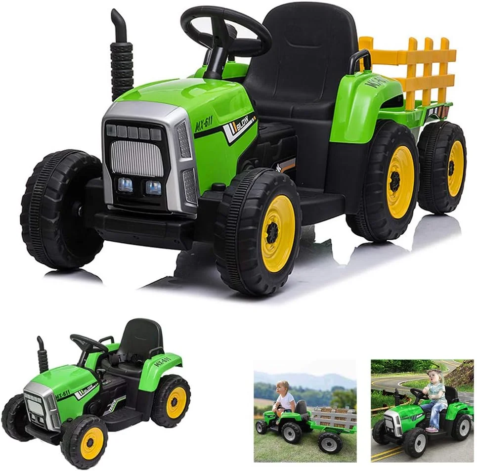 تراکتور سواری کودک با تریلر، ماشین اسباب بازی برقی با باتری و تریلر، لودر با 3 دنده، چراغ های LED، پورت USB و بوق، سبز
