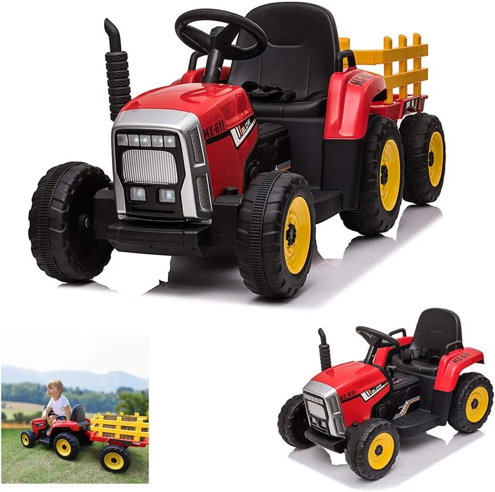 تراکتور سواری کودک با تریلر، ماشین اسباب بازی برقی باتری دار با لودر زمینی 3 دنده، چراغ های LED، پورت USB و بوق، قرمز