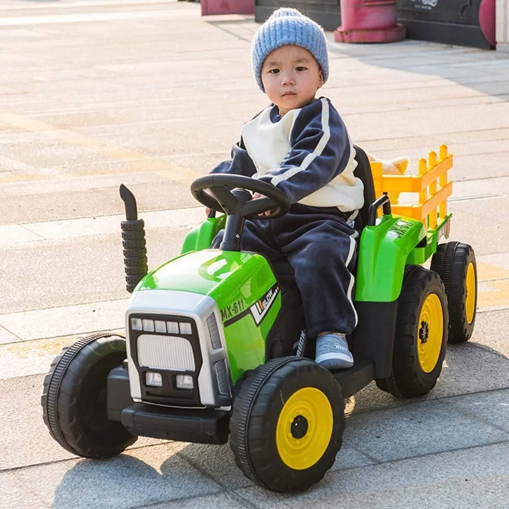 تراکتور سواری کودک با تریلر، ماشین اسباب بازی برقی با باتری و تریلر، لودر با 3 دنده، چراغ های LED، پورت USB و بوق، سبز