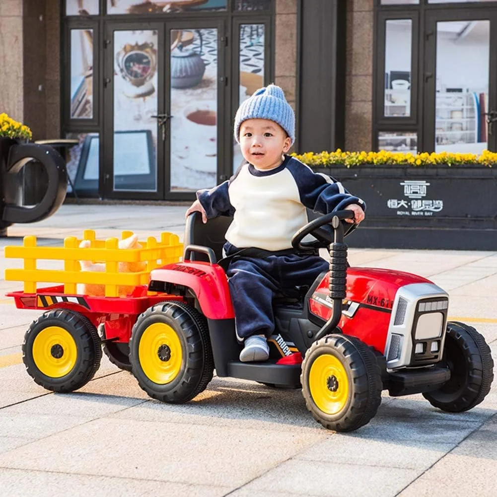 تراکتور سواری کودک با تریلر، ماشین اسباب بازی برقی باتری دار با لودر زمینی 3 دنده، چراغ های LED، پورت USB و بوق، قرمز